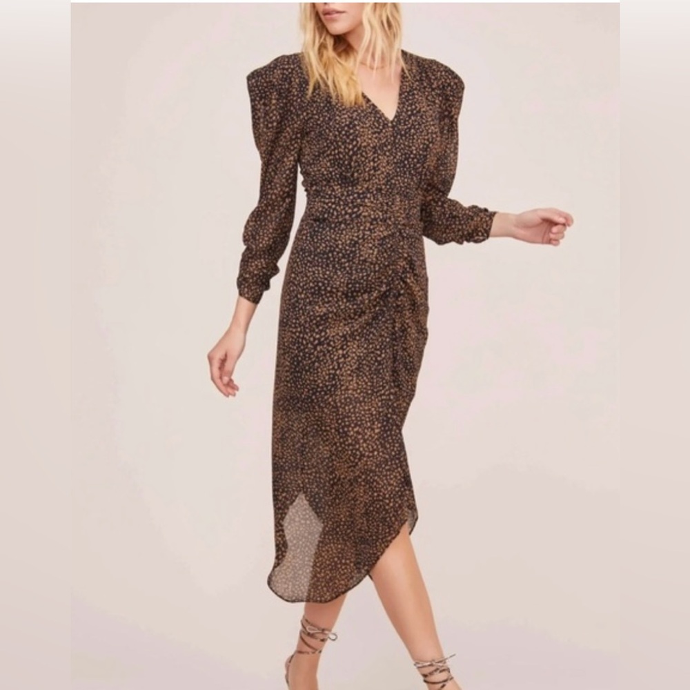 Astr Brown and Black Midi Dress with Puff Shoulders